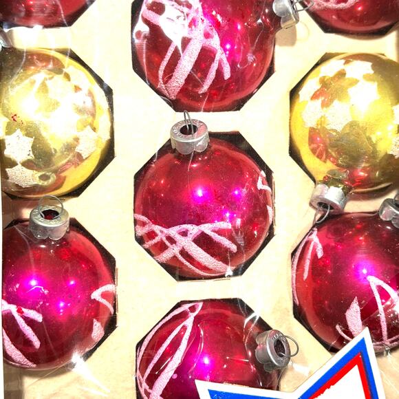 Vintage blown glass Christmas tree ornaments pink gold white flocking lot of 10 - Picture 2 of 11